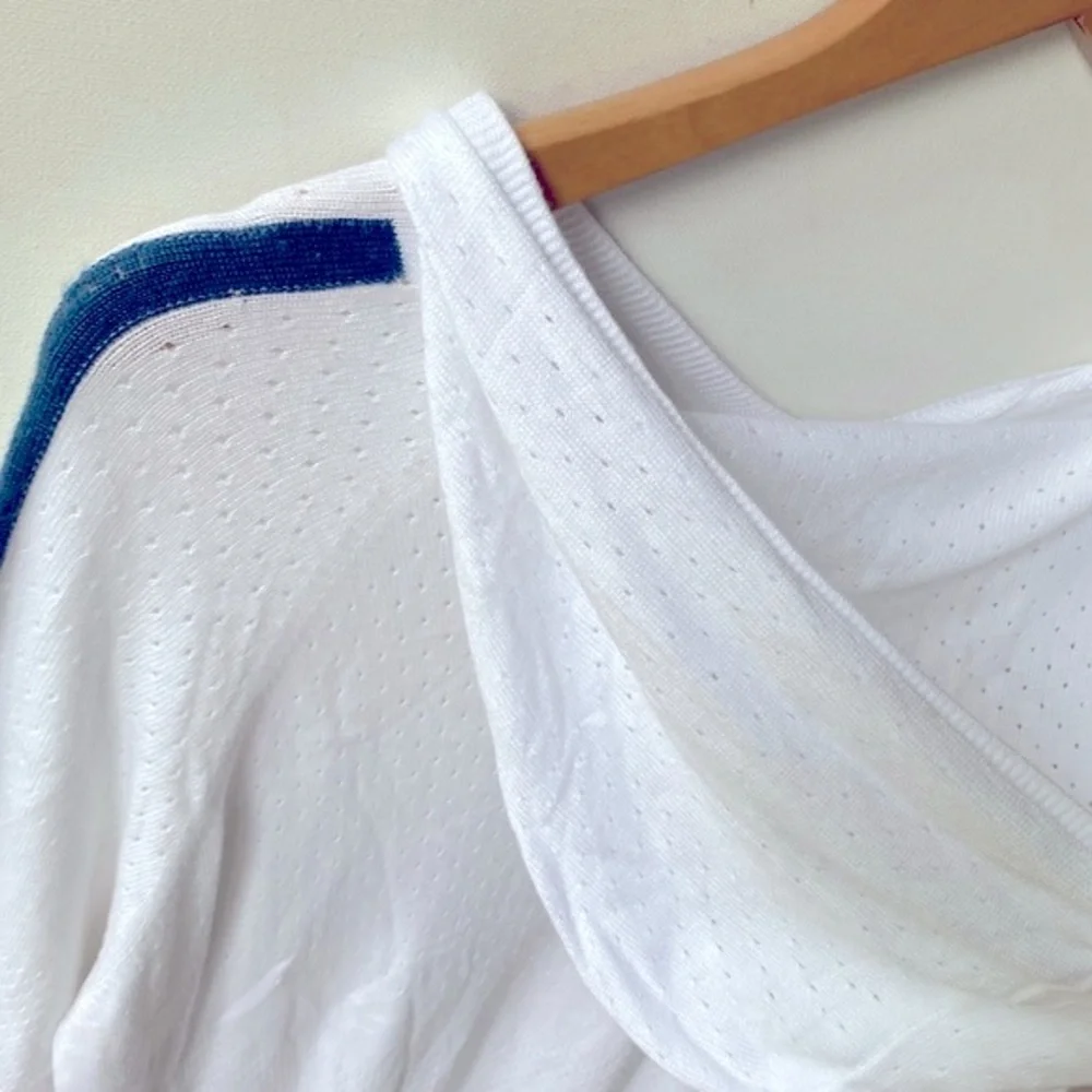 Sweaty Betty Long-sleeve eyelet White hooded top & blue trim on sleeves, Size M - Picture 6 of 10